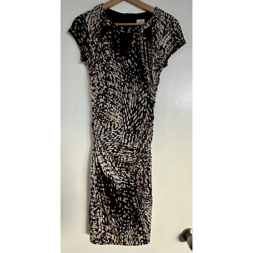 Vtg Cache Y2K Animal Print‎ Bodycon Dress Small Cap Sleeve Ruched Cocktail Party
